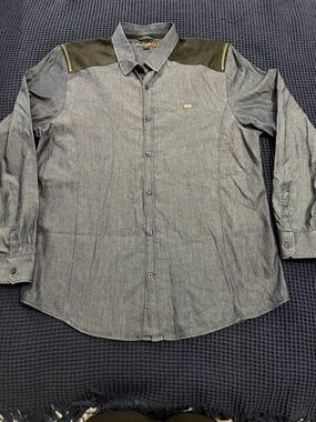 G by Guess Men's Grey Button-Down Shirt with Black Shoulder Panels